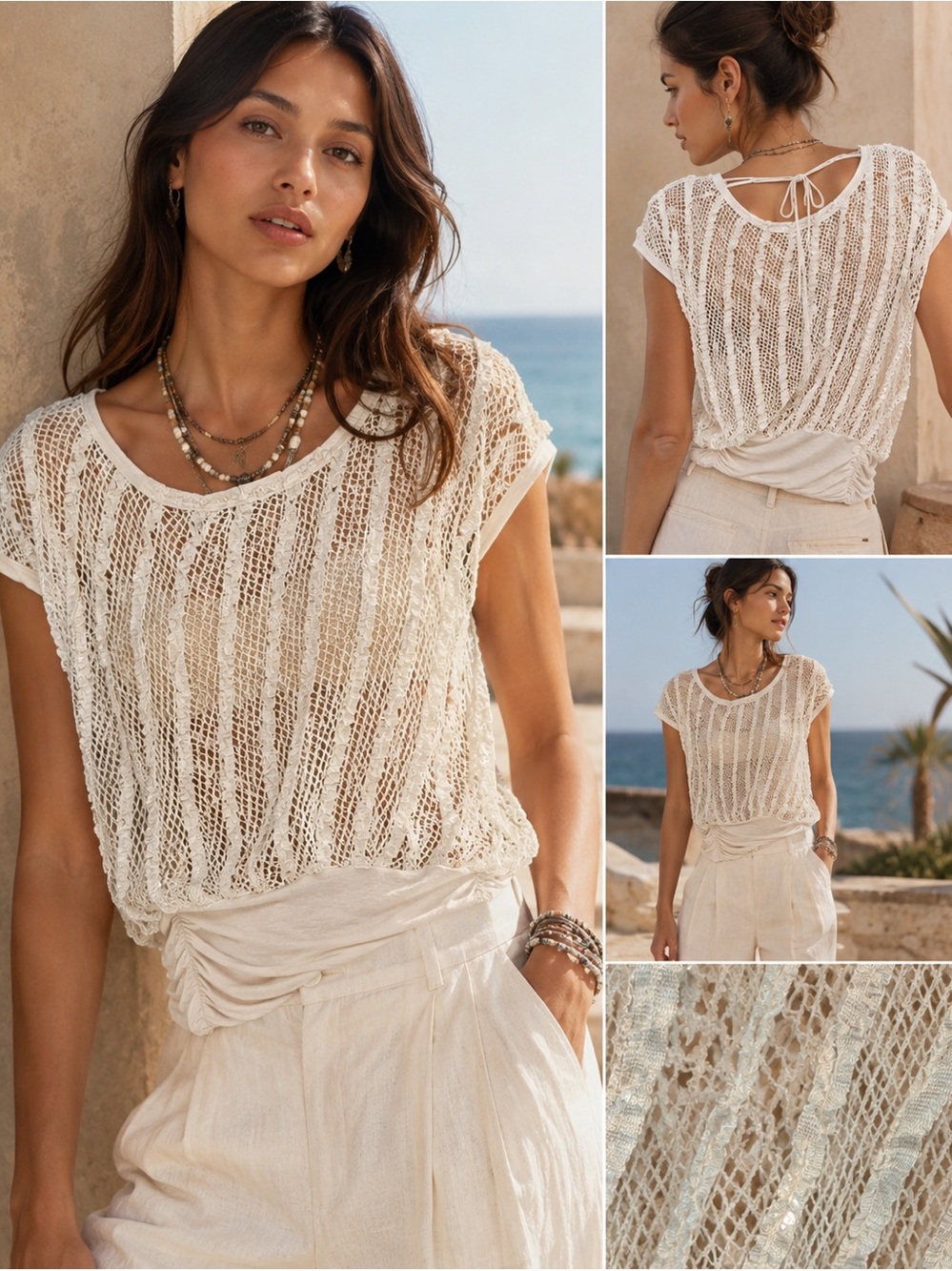MYSTREE Ivory Crochet Mesh Top Boho Festival Beach Cover Up Open Side Top